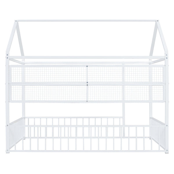 English Elm Full Metal House Bed Frame Full Size with Built-In Fence and 4 Grid Shelves for Durable Storage and Style White N737P175361K