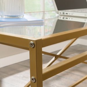 English Elm L-Shaped Desk With Elegant White Finish & Gold Accents - Spacious, Stylish, Multifunctional Workspace B356P367736