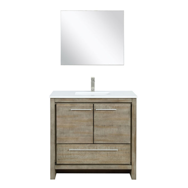 English Elm Rustic Acacia Bath Vanity 36" W With White Quartz Top, Brushed Nickel Faucet & 28" Mirror Set B2731S01947-GIGA