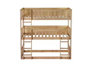 English Elm Twin Triple Rubberwood Bunk Bed with Ladders & Guardrails, Space-Saving Modular Design for Families White Oak W504S00172