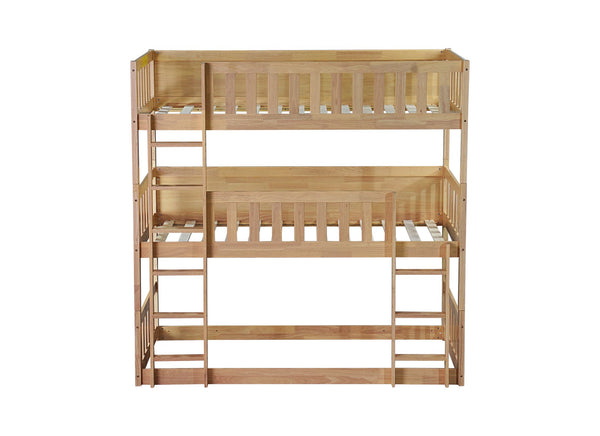 English Elm Twin Triple Rubberwood Bunk Bed with Ladders & Guardrails, Space-Saving Modular Design for Families White Oak W504S00172