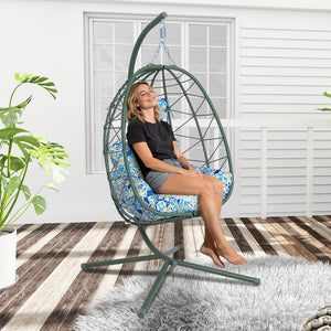 English Elm Hanging Egg Chair with Woven Pe Wicker Stand for Patio Balcony and Indoor Comfort T5880P497578