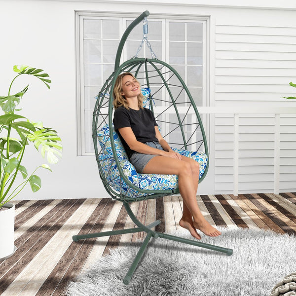 English Elm Hanging Egg Chair with Woven Pe Wicker Stand for Patio Balcony and Indoor Comfort T5880P497578