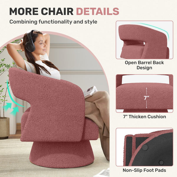 English Elm Swivel Teddy Barrel Accent Chair with Ergonomic Wrap-Around Back, Plush Sherpa Fabric Comfort Dark Pink T3950P407285
