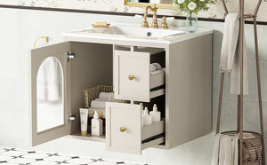 English Elm 24" Modern Wall-Mount Bathroom Vanity with Ceramic Sink, Glass Door Cabinet, 2 Drawers, Soft-Close Beige N710P286704Y