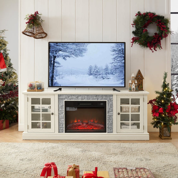 English Elm 70" Modern TV Stand with 23" Electric Fireplace, Faux Stone Mantel, Ample Storage & Cable Management White W2275S00022