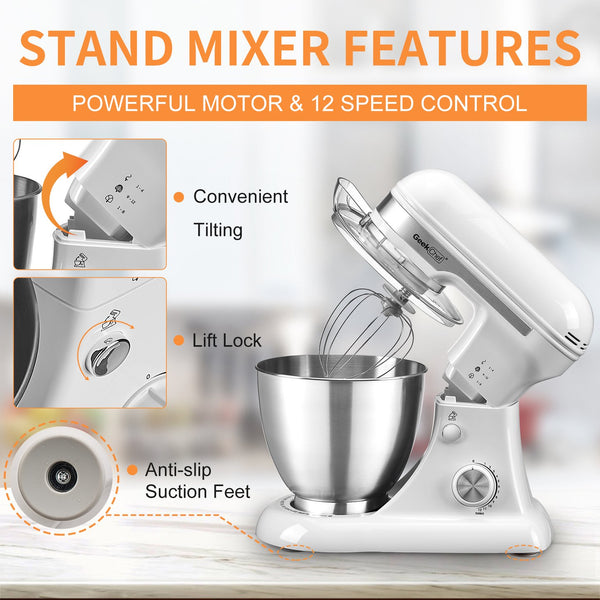 English Elm Geek Chef Tilt-head Stand Mixer Copper Motor Planetary Action 4.8qt Stainless Bowl White W1002P416197