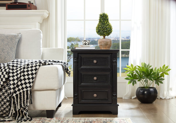 English Elm Farmhouse Rustic Nightstand with Built-in Charging Station Barn Wood Grain Storage Black W2393P324459