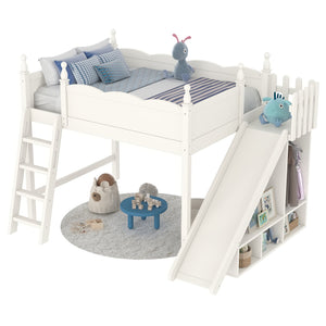 English Elm Twin Loft Bed Solid Pine Frame with Wardrobe Shelving Detachable Slide Kids Room Beige W5305S00023