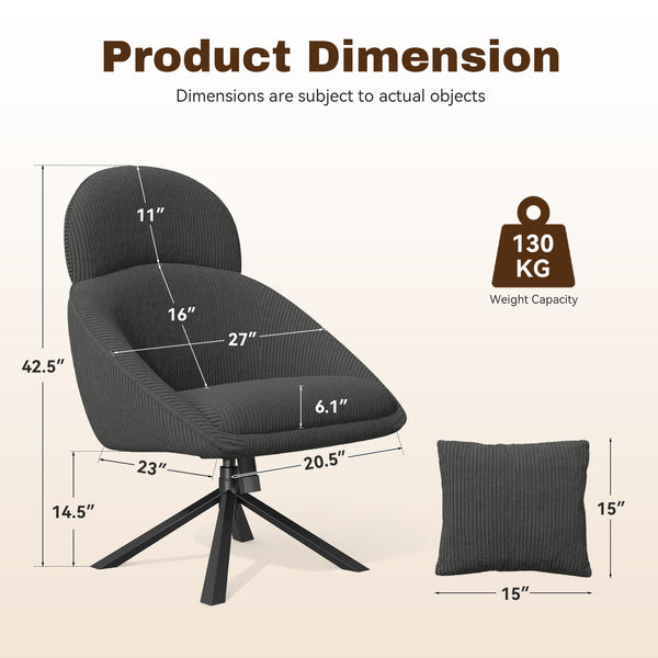 English Elm Modern Swivel Accent Chair with Adjustable Headrest, Oversized Corduroy Upholstered Rocking Recliner for Living Room Dark Gray T3950P397485