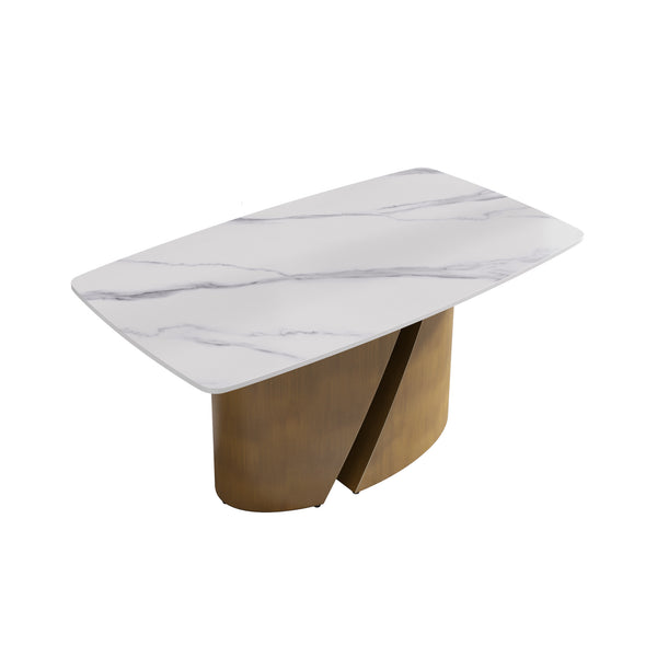 English Elm 63" Modern Dining Table With Curved White Sintered Stone Top & Bronze Iron Legs For 6-8 People W1535S00357