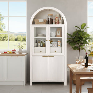 English Elm 71" Fluted Tall Arched Pantry Cabinet with Tempered Glass Door, Adjustable Shelves, Silent Drawer, Anti-Tip Safety and Stylish Metal Handles for Kitchen Living Dining White W2917P384723
