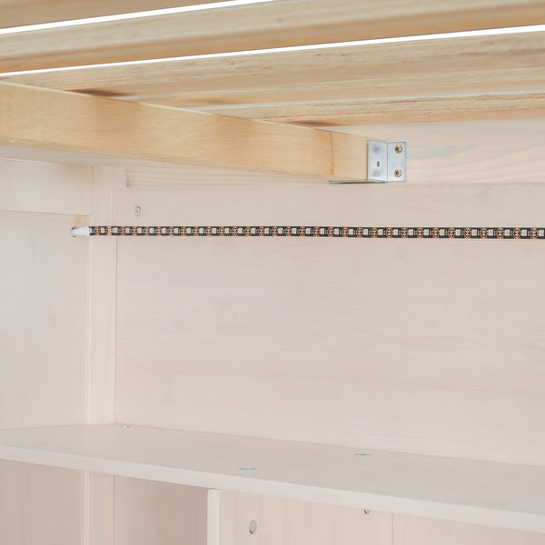 English Elm Full Loft Bed with Integrated Wardrobe Desk Shelving and Led Lighting for Teen Rooms Beige LT000927AAA