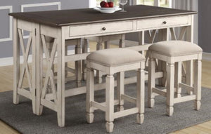 English Elm Drop Drop Leaf Table w/4 Stools Antique White — Solid Wood/MDF, Space-Saving, 36" Expandable, Drawers Included B2699P206765