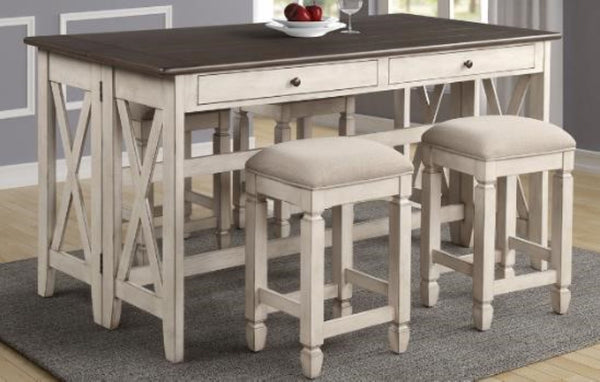 English Elm Drop Drop Leaf Table w/4 Stools Antique White — Solid Wood/MDF, Space-Saving, 36" Expandable, Drawers Included B2699P206765