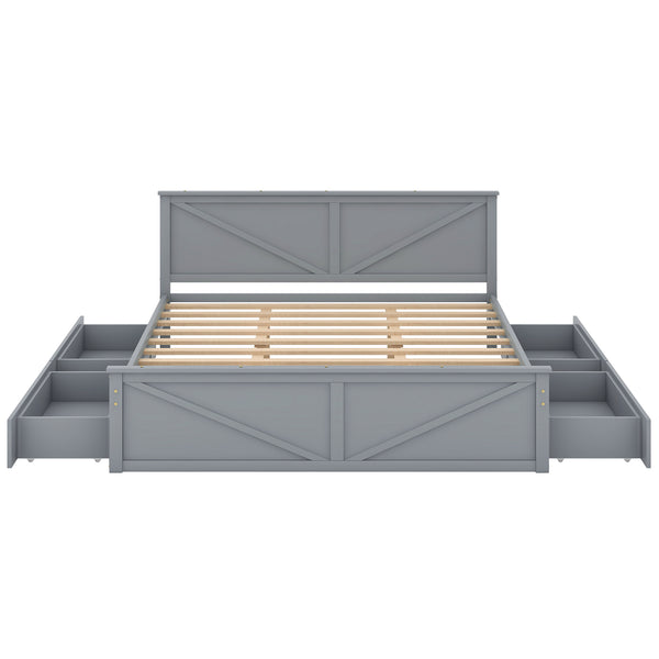 English Elm King Solid Wood Platform Bed with 4 Under-Drawers, Gray King Size Frame, Sturdy Slats, 500lb Capacity SM000537AAE