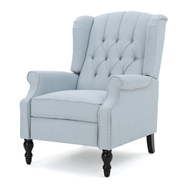 English Elm Charcoal Wingback Pushback Recliner with Button Tufted Diamond Fabric Upholstery Light Blue N763P410529H