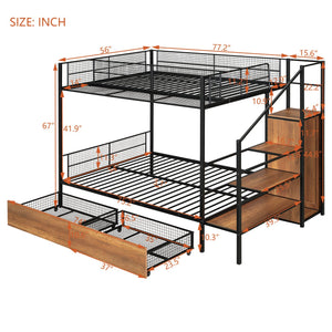 English Elm Twin Metal Bunk Bed Twin-Over-Full with Built-In Drawer, Ladder Storage, Wardrobe & Trundle Utility Black SF000174AAB