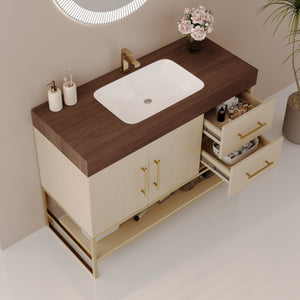 English Elm 36" Freestanding Bathroom Vanity Sintered Stone Top Brushed Gold Legs Wood Cabinet W3136S00056