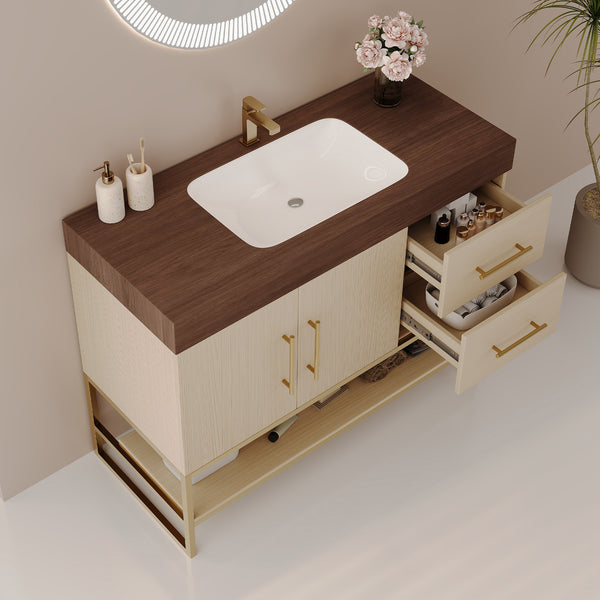 English Elm 36" Freestanding Bathroom Vanity Sintered Stone Top Brushed Gold Legs Wood Cabinet W3136S00056