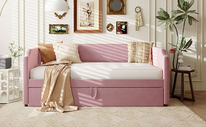 English Elm Twin Velvet Upholstered Daybed with Pop up Trundle for Guest or Kids Rooms Pink SF000197AAH