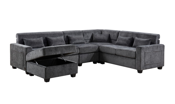English Elm Trevi Chenille Sectional Sofa with Tufted Seats Charging Ports and Storage Ottoman B2749S00251