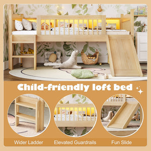 English Elm Twin Xl Solid Pine Loft Bed with Built-in Led Lighting and Storage Shelves Natural W1580S00366