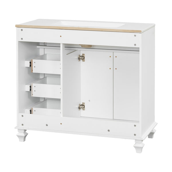 English Elm 36" Modern Bathroom Vanity with Ceramic Sink, Gold Handles, Flip-Out Drawer & Soft-Close Doors White N725P283623K