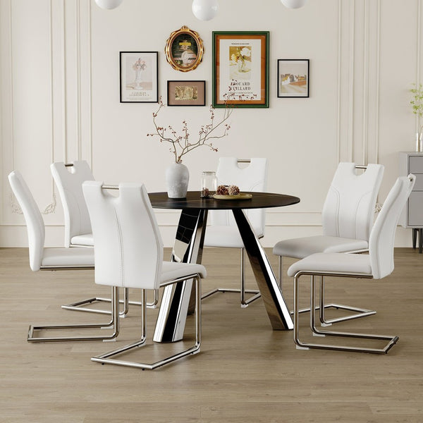 English Elm Table Set - Modern 42-Inch Round Dining Table With 6 Stylish White Chairs & Stainless Steel Legs W2920S00016-GIGA