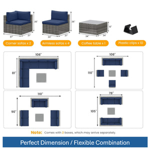 English Elm 7-piece Outdoor Modular Sectional Pe Wicker Patio Set with Tempered Glass Coffee Table Gray+Navy B082S00073