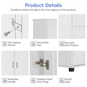 English Elm Tall White Bathroom Storage Cabinet - 4-Door Freestanding MDF Unit, Adjustable Shelves, Slim 61.8" x 18.3" x 7.5" WF323345AAK
