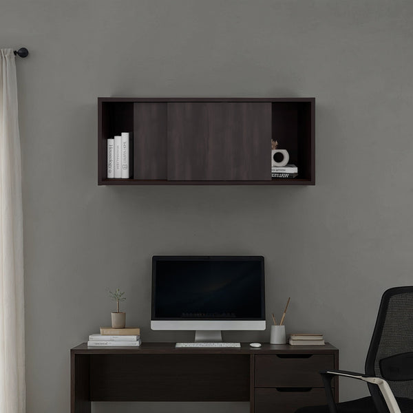 English Elm Stained Walnut Floating Wall Cabinet with Sliding Door and Open Display Shelves B062P476872