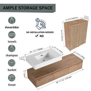 English Elm 60-Inch Wall-Mounted Bathroom Vanity With Integrated Resin Sink, Soft-Close Drawers & Elegant Oak Finish W999S00358
