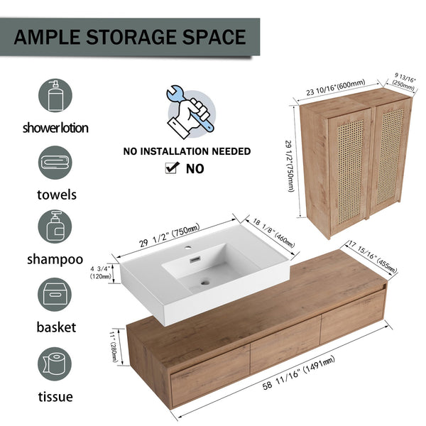English Elm 60-Inch Wall-Mounted Bathroom Vanity With Integrated Resin Sink, Soft-Close Drawers & Elegant Oak Finish W999S00358