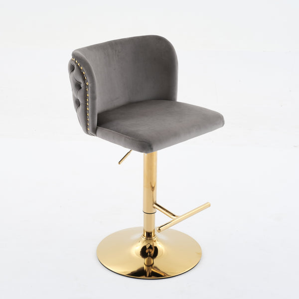 English Elm A&A Luxe Velvet Swivel Barstool with Gold-Plated 17.7" Base, Tufted Back, Ergonomic Waist Support Gray W1143P204046