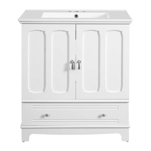 English Elm 30" Modern Bathroom Vanity with Ceramic Sink, Solid Wood Frame, Soft-Close Drawer & Adjustable Shelf White N710P293306K
