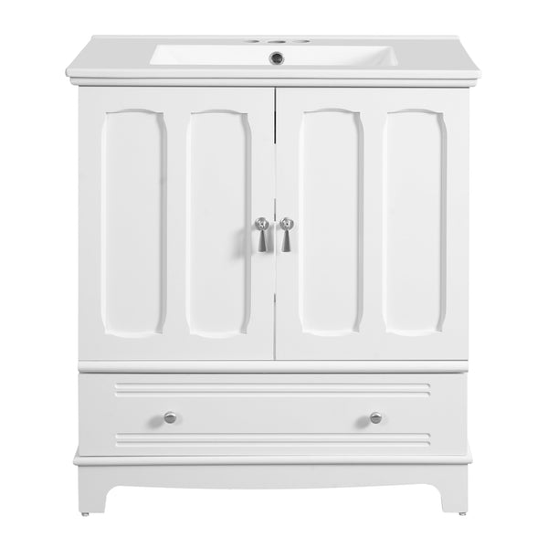 English Elm 30" Modern Bathroom Vanity with Ceramic Sink, Solid Wood Frame, Soft-Close Drawer & Adjustable Shelf White N710P293306K