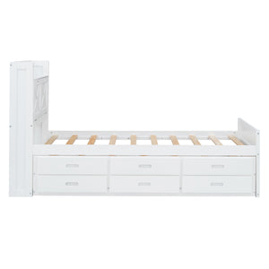 English Elm Twin Storage Bed with Headboard Outlets, Extendable Trundle & 3 Drawers, Durable MDF/Plywood Design White 80.5 L x 17.75 W x 5.25 H N733S172839K
