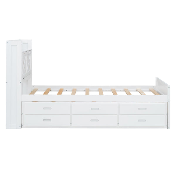 English Elm Twin Storage Bed with Headboard Outlets, Extendable Trundle & 3 Drawers, Durable MDF/Plywood Design White 80.5 L x 17.75 W x 5.25 H N733S172839K