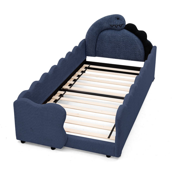 English Elm Twin Dinosaur Boucle Upholstered Kids Bed Solid Wood Frame with Padded Safety Rails Navy Blue W1413P384919