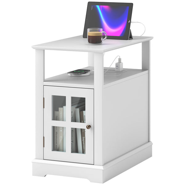 English Elm HOMCOM Narrow End Table with Built-In Charging Station, Hidden Glass Storage and Open Shelf Elegance White W2225P229463