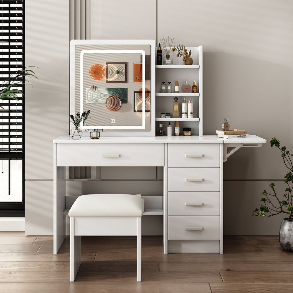 English Elm Fashion Vanity Desk With Adjustable Led Lighting, 5 Drawers, Elegant Mirror & Chair Set For Makeup W509P173272