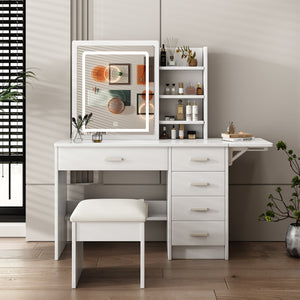 English Elm Fashion Vanity Desk With Adjustable Led Lighting, 5 Drawers, Elegant Mirror & Chair Set For Makeup W509P173272
