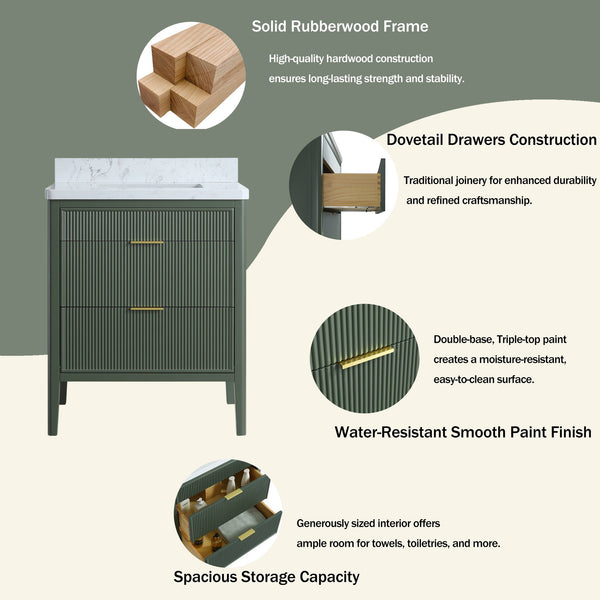 English Elm Fully Assembled 30'' Green Bathroom Vanity With Solid Wood & Engineered Marble Top - Elegant Storage Solution W1826P308974