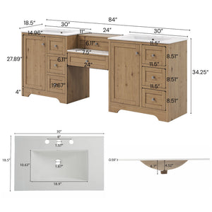 English Elm 84" Double Sink Vanity with Stone Countertop Six Soft Close Drawers and Silver Knobs Wood N817P404196B