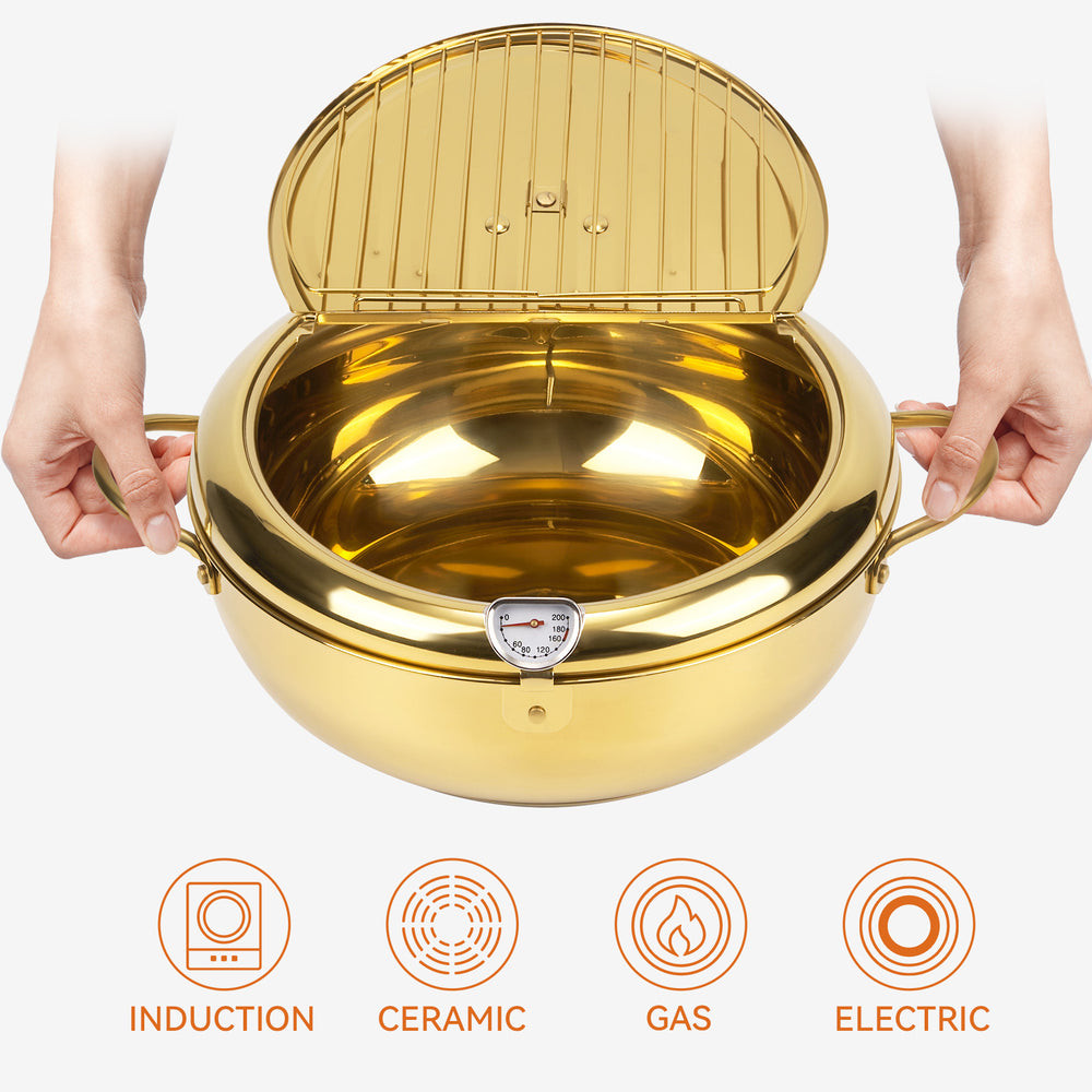 English Elm Stainless Steel Deep Frying Pot with Thermometer, Oil Drain Spout & Splash Lid for Tempura Cooking T3950P404654