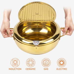 English Elm Stainless Steel Deep Frying Pot with Thermometer, Oil Drain Spout & Splash Lid for Tempura Cooking T3950P404654