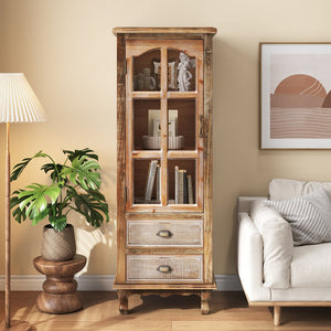English Elm Rustic Solid Wood Tall Narrow Cabinet with Cutout Door Two Drawers Farmhouse Storage Ancient White W2295P457186