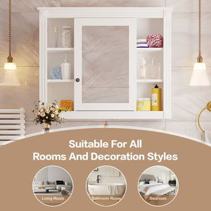 English Elm 35'' Modern Medicine Cabinet with Mirror and Towel Rod, MDF Wall-Mounted Bathroom Storage with Adjustable Shelves and Soft-Close Hinges White WF305081AAK