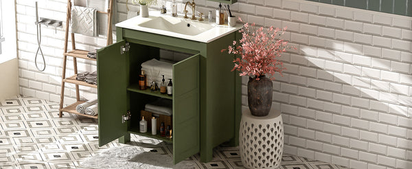 English Elm 30'' 30'' Farmhouse Bathroom Vanity Olive Green with Ceramic Sink, Adjustable Shelves, Soft-Close Doors, Rustic Wood Frame N729P290712F
